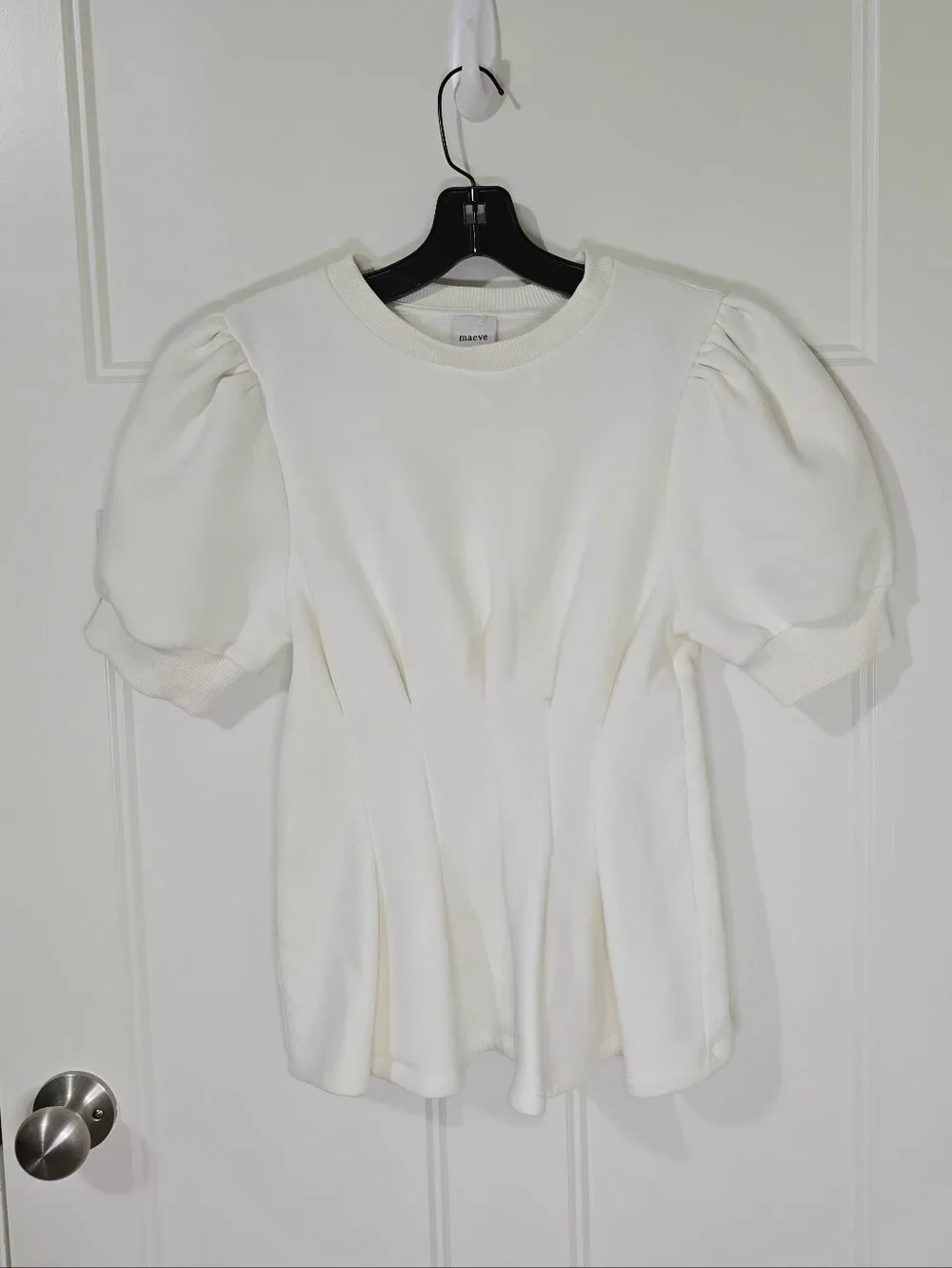 Anthropologie Maeve Puff-Sleeve Pleated-Waist Peplum Top Ivory Women's Small